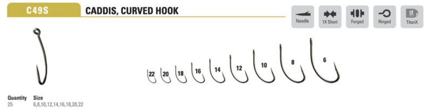Mustad Caddis Hook Curved 1X Short Forged Straight TitanX 25 Pack